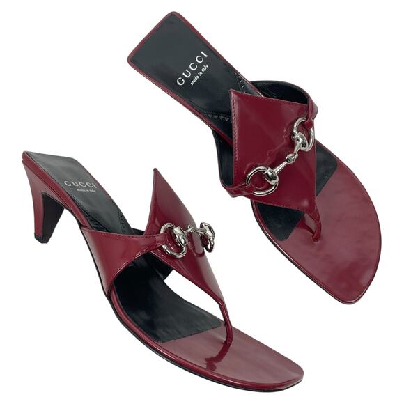 Gucci Mariame Horsebit Leather Thong Sandals Kitten Heel Red Size 36.5 - Picture 2 of 13